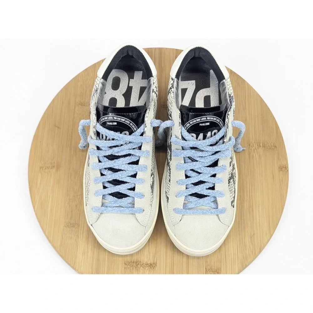 P448 Shoes Womans 7 Python Print Metallic Leather Sneakers Blue Laces
